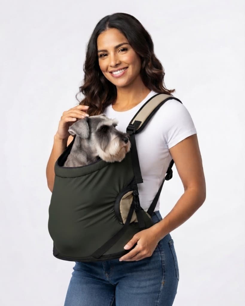 Mujer sonriendo con Schnauzer Miniatura en mochila frontal verde oliva CarryPaw