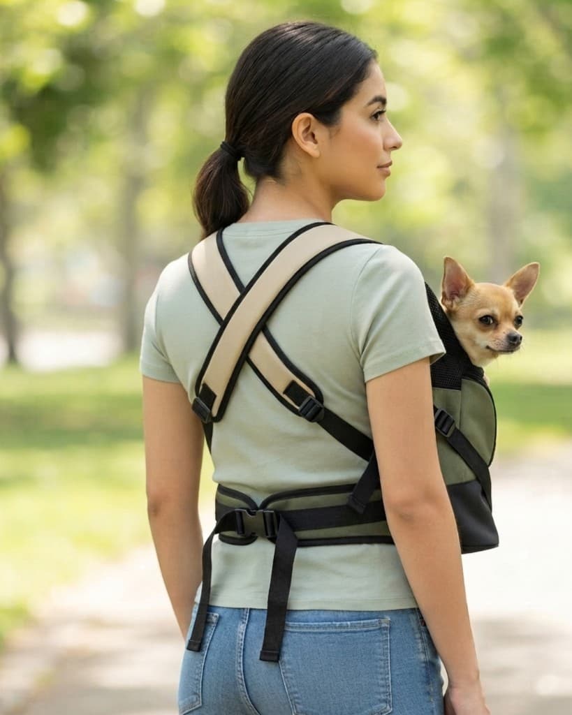 Vista posterior del sistema ergonómico CarryPaw: correas en X acolchadas y cinturón lumbar con Chihuahua en la mochila frontal