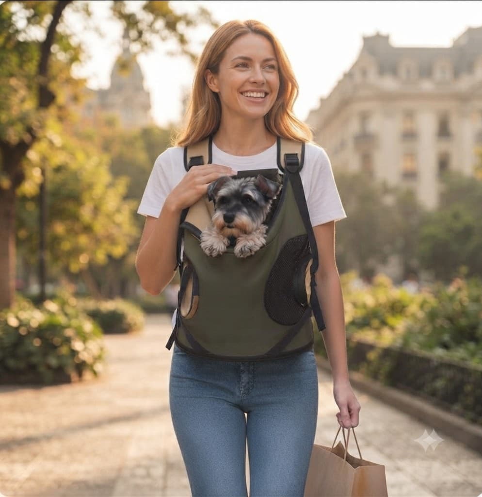 Mujer caminando en el parque con Schnauzer Miniatura en mochila frontal verde oliva CarryPaw