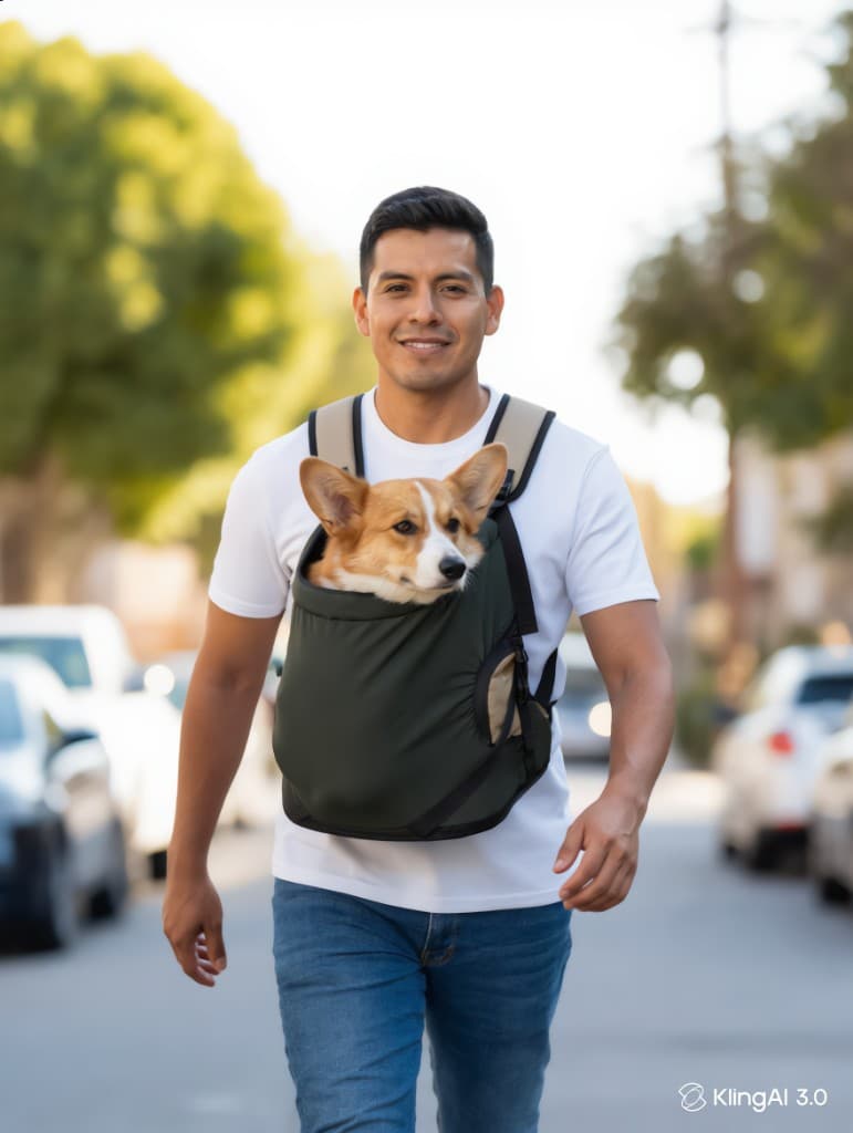 Hombre caminando en la calle con Corgi en mochila frontal ergonómica CarryPaw