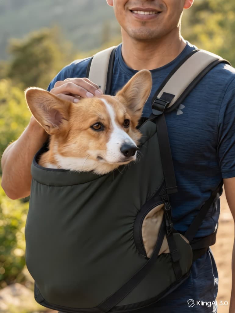 Primer plano de Corgi en mochila frontal verde oliva durante un paseo al aire libre