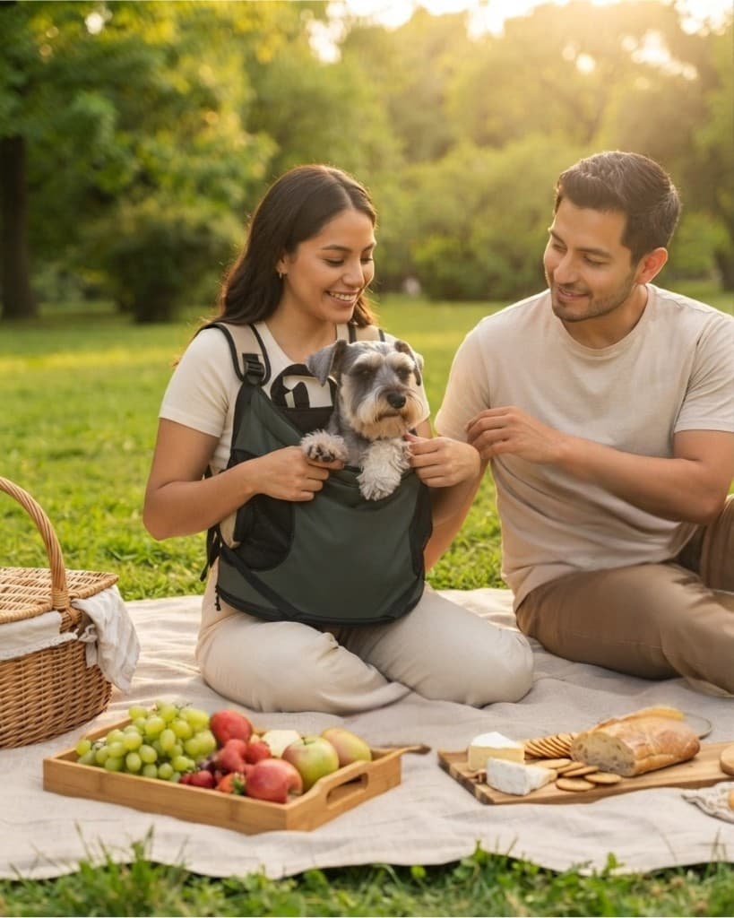 Pareja en picnic en el parque con Schnauzer Miniatura en mochila frontal CarryPaw