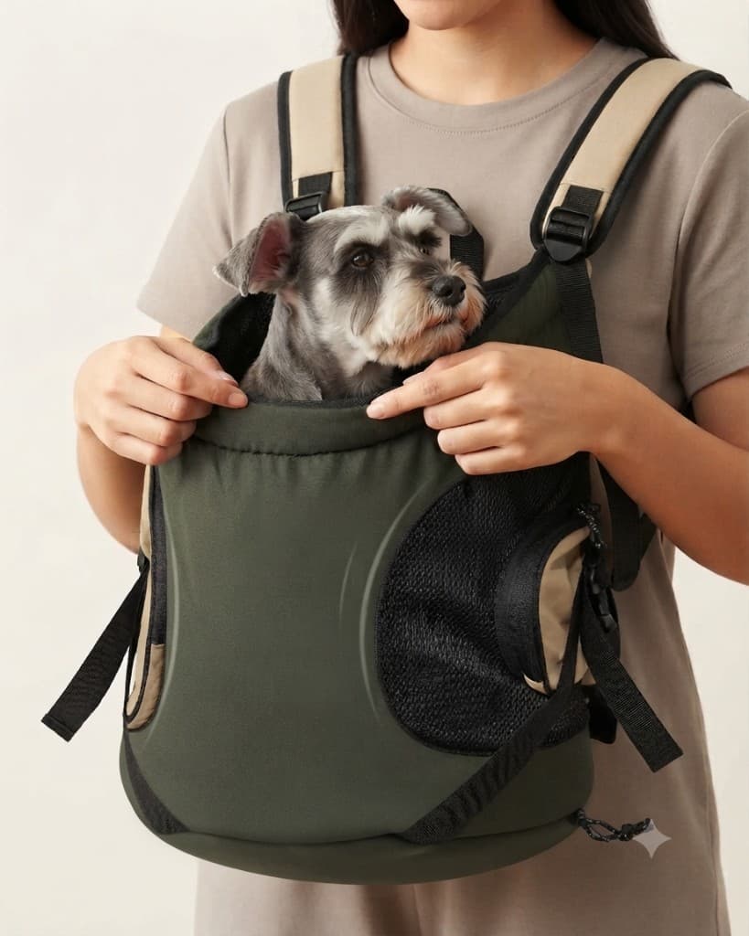 Detalle de Schnauzer Miniatura dentro de mochila frontal verde oliva y beige CarryPaw