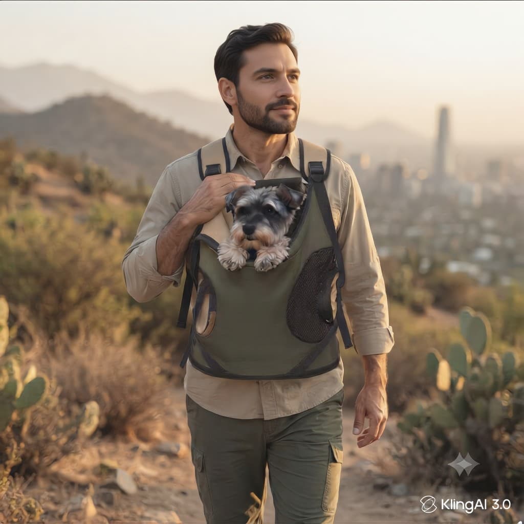Hombre en sendero con Schnauzer Miniatura en mochila frontal durante un trekking