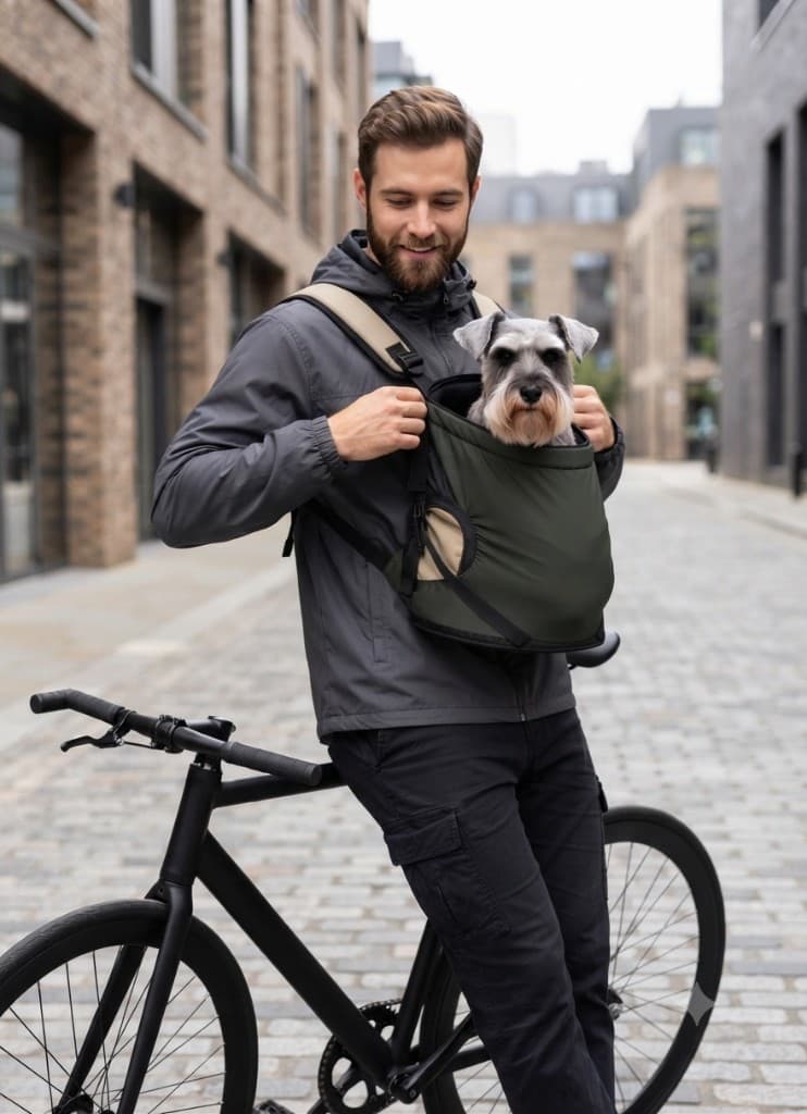 Hombre en la ciudad con bicicleta y Schnauzer Miniatura en mochila frontal verde oliva CarryPaw
