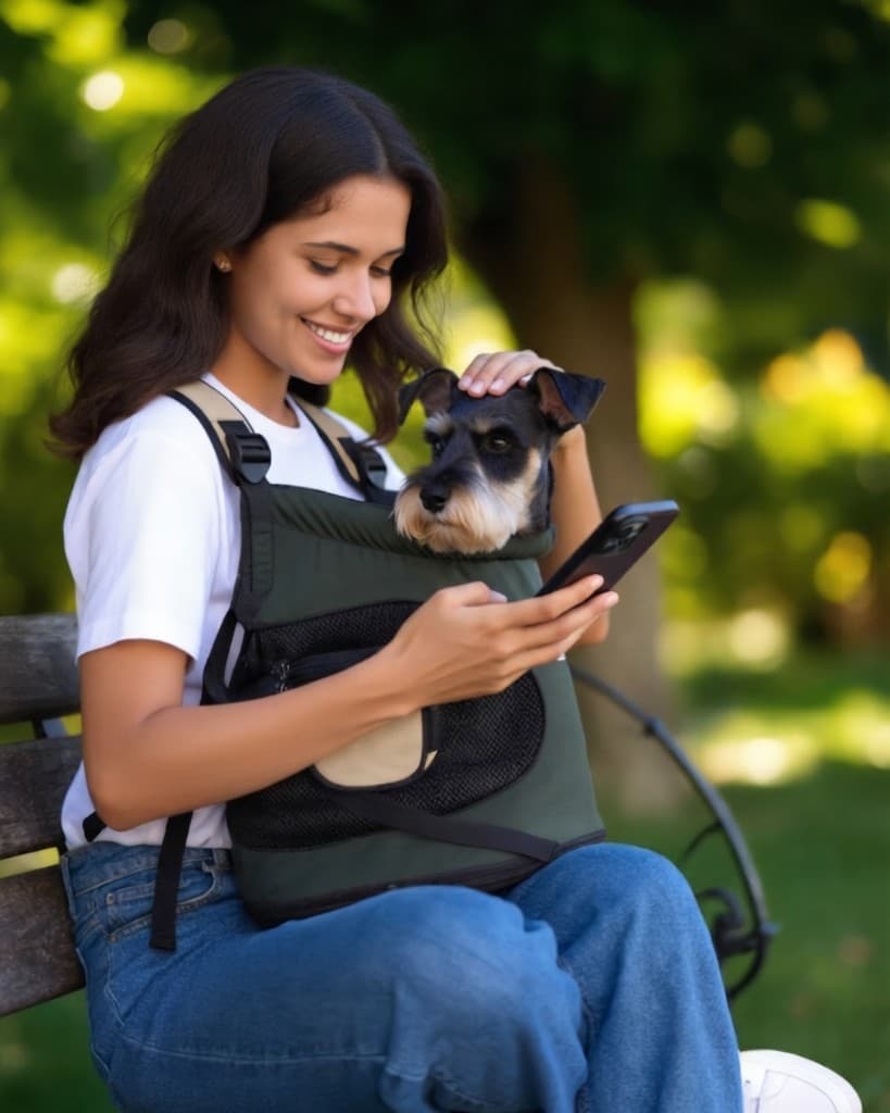 Mujer sentada en banco del parque usando el celular con su perro en mochila frontal CarryPaw