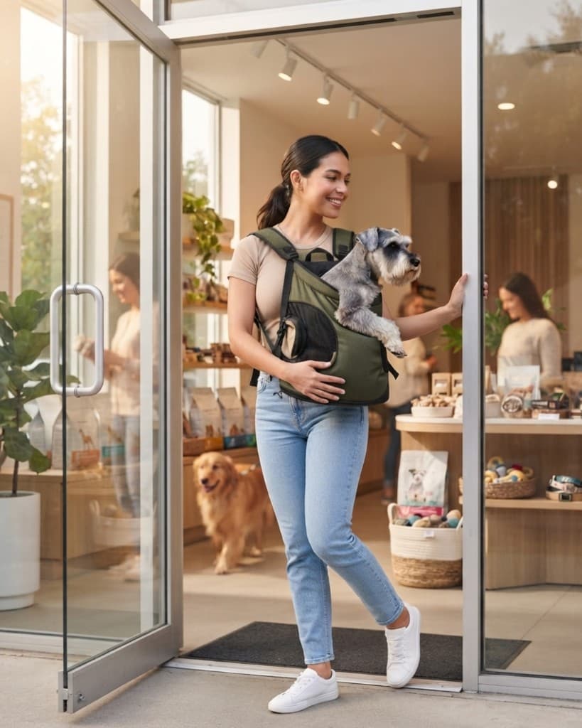 Mujer saliendo de tienda premium con Schnauzer Miniatura en mochila frontal verde oliva