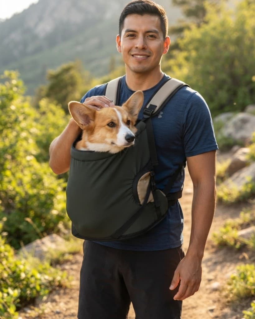 Hombre en sendero de montaña con Corgi en mochila frontal ergonómica CarryPaw