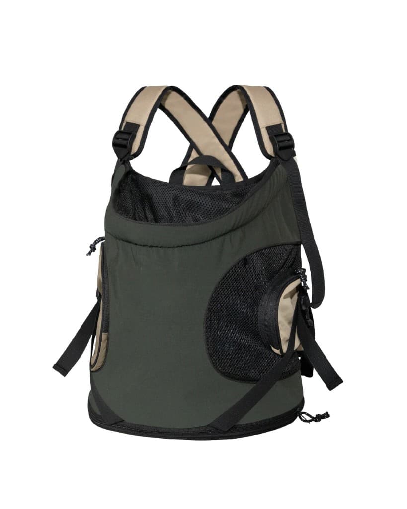 Mochila frontal CarryPaw en verde oliva con malla negra, correas beige y bolsillo lateral
